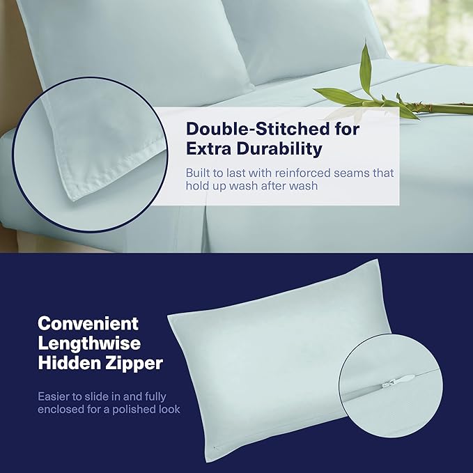 Kickoff Viscose Bamboo Sheets Full Size 4-pc 100% Organic Bamboo Viscose Bed Cooling Sheets Full Size Set Cool Bedding for hot Sleepers Sheet, Flat, Fitted, Pillowcases (Coastal Blue, F)