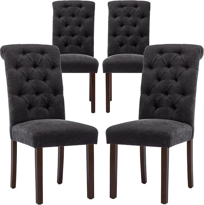 COLAMY Button Tufted Dining Chairs Set of 4, Parsons Upholstered Fabric Dining Room Chairs Kitchen Chairs with Wood Legs and Padded Seat, Black