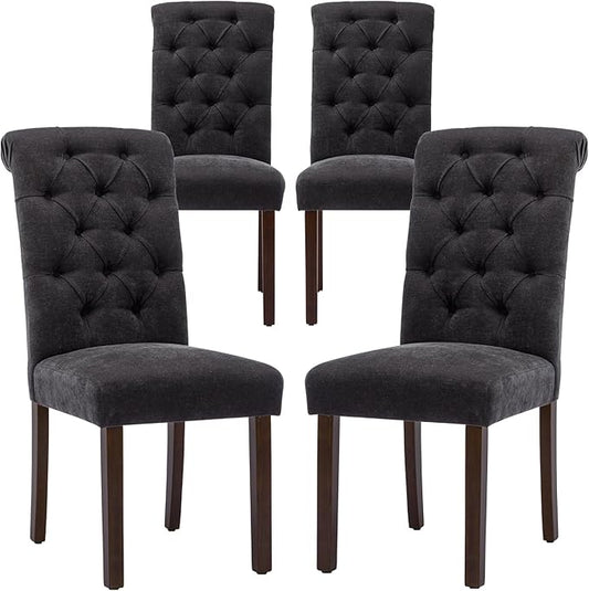 COLAMY Button Tufted Dining Chairs Set of 4, Parsons Upholstered Fabric Dining Room Chairs Kitchen Chairs with Wood Legs and Padded Seat, Black