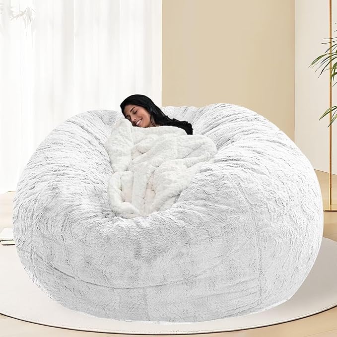 BCU Oversized Bean Bag Cover Comfy Beanbag Chair for Adults Without Filler Faux Fur Floor Chair Lazy Sofa Cover Comfy for Living Room Chairs, White, 5FT