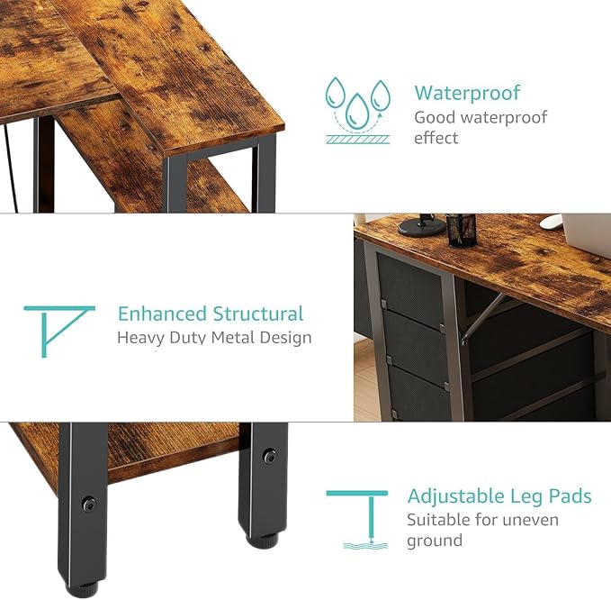 Lufeiya L Shaped Desk with Drawers & Storage Shelves, 47 Inch Small Reversible Corner Desk with Power Outlet for Home Office Bedroom, L-Shaped Gaming PC Computer Desks with Fabric Drawer, Rustic Brown