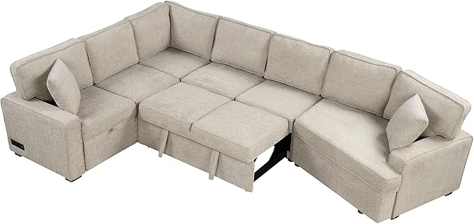 126" Extra Large Pull-Out Sofa Bed with Drop-Down Cup Holder Tables,L-Shaped Sectional Cozy Couch W/Charging Device,Convenient Sleeper Furniture Set for LivingRoom Apartment,Black Chenille