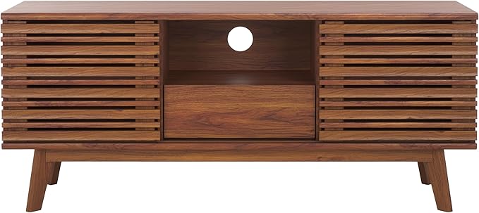 SAFAVIEH ESMA TV Stand for up to 60" Flatscreen – Walnut Brown, Low Sideboard with 2 Sliding Doors, 1 Open Shelf, 1 Drawer, Entertainment Media Console (MED9638A)
