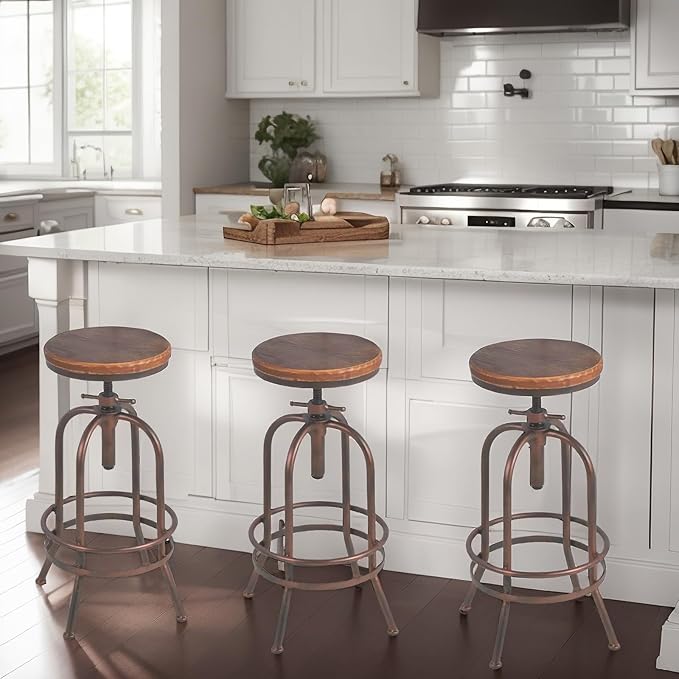 Set of 2 Industrial Bar Stool-Retro 26-32.3inch Swivel Stools-Extra Tall Kitchen Chair-Bar Counter Height Adjustable-Fully Welded (Copper 2PCS)