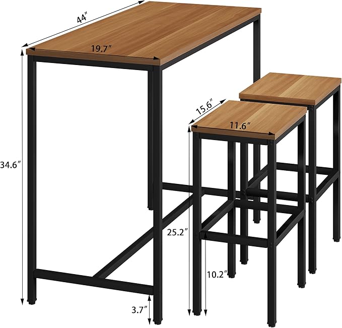 Aklaus Bar Table and Chairs Set 44" Dining Table Set Pub Bar Table with 2 Stools 3-Piece Kitchen Breakfast Table Set for Living Room Dining Room Sturdy Metal FrameBrown