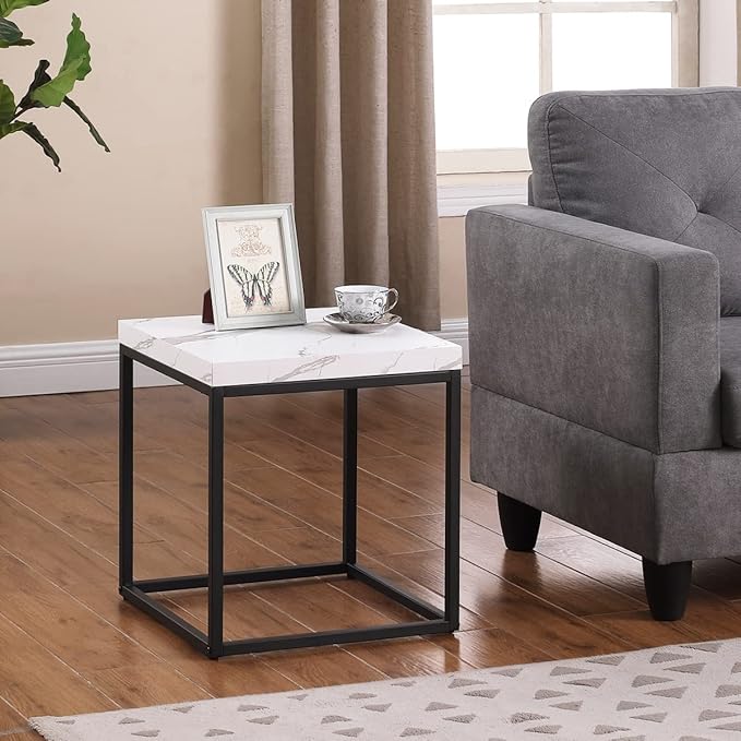 CENSI 18-Inch Marble Accent End Table/Side Table for Living Room, Modern Industrial, Square, Metal and Wood (White Marble)