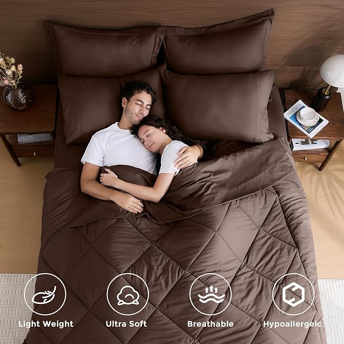 HEVUMYI Brown Queen Comforter Set - 7-Piece All Season Bed in a Bag Queen, Ultra Soft Bedding Set with Comforter, Flat Sheet, Fitted Sheet, Pillowcases, Pillow Shams
