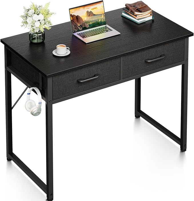 Casaottima 32 Inch Small Office Computer Desk with 2 Drawers & Headphone Hook - Compact Writing Desk for Home Office, Study or Work, Modern Space-Saving Design for Small Spaces, Black