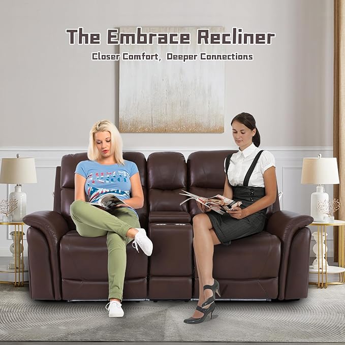 Nicbex PU Leather Power Wall Hugger Chair Double Reclining Sectional Sofa 2-Seater Loveseat Couch with Center Storage Console, USB Port, Cup Holders and Ambient LED Light for Living Room RV Theater