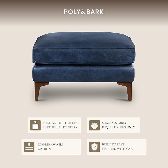 POLY & BARK Essex Ottoman - 35” Large with Feather-Down Topper - Full-Grain Leather Upholstered Ottoman - Couch for Living Room - Vintage Italian Leather in Midnight Blue
