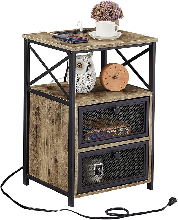 VECELO Dust Grey End Table with USB Ports and Outlets,24 Inch Nightstands with Charging Station and Storage Shelf for Bedroom,Living Room, 1 Set