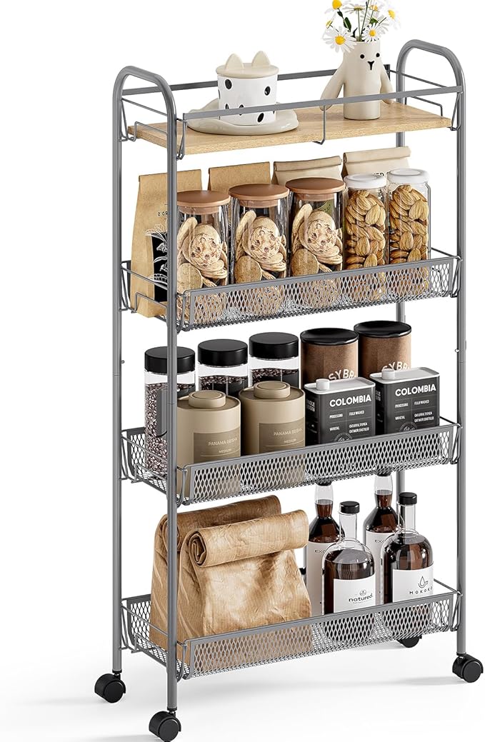 KINGRACK Metal Slim Rolling Cart,4-Tier Metal Utility Cart,Storage Cart with Wooden Tabletop, for Narrow Space on Laundry Bathroom Kitchen Room Bedroom Apartments Dormitory (Light Grey, Slim)