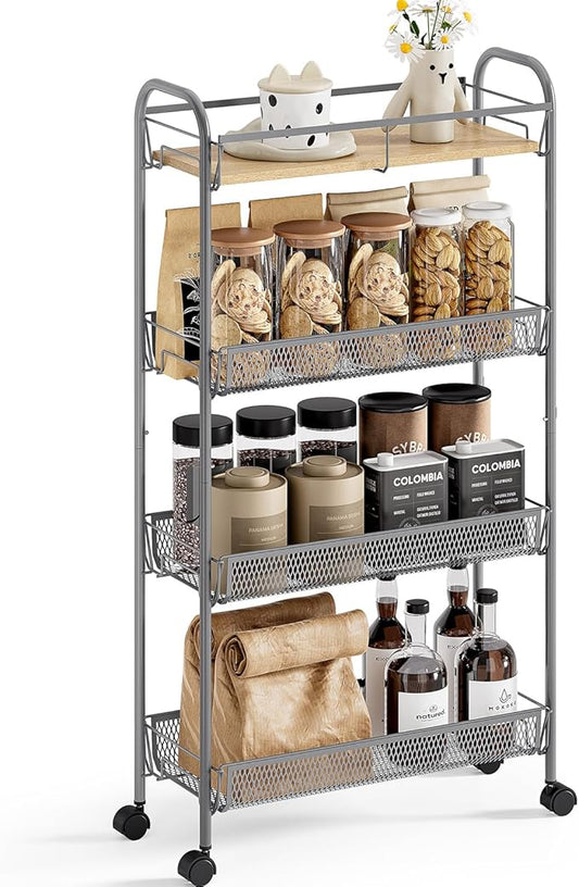KINGRACK Metal Slim Rolling Cart,4-Tier Metal Utility Cart,Storage Cart with Wooden Tabletop, for Narrow Space on Laundry Bathroom Kitchen Room Bedroom Apartments Dormitory (Light Grey, Slim)