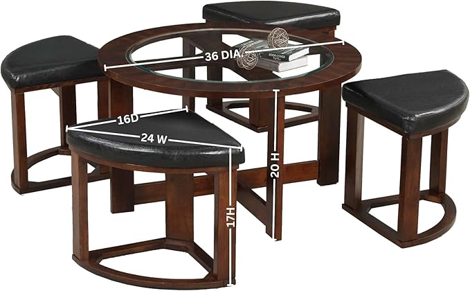 Roundhill Furniture Cylina Solid Wood Glass Top Round Coffee Table with 4 Stools, Espresso