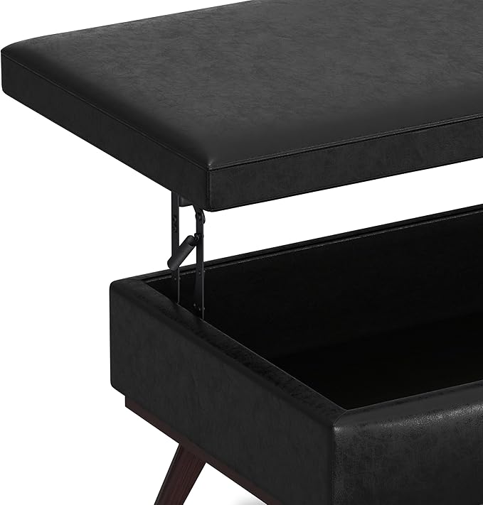 SIMPLIHOME Owen 42 inch Wide Mid Century Modern Rectangle Lift Top Large Coffee Table Storage Ottoman in Distressed Black Vegan Faux Leather, Assembled, for the Living Room, Entryway and Family Room