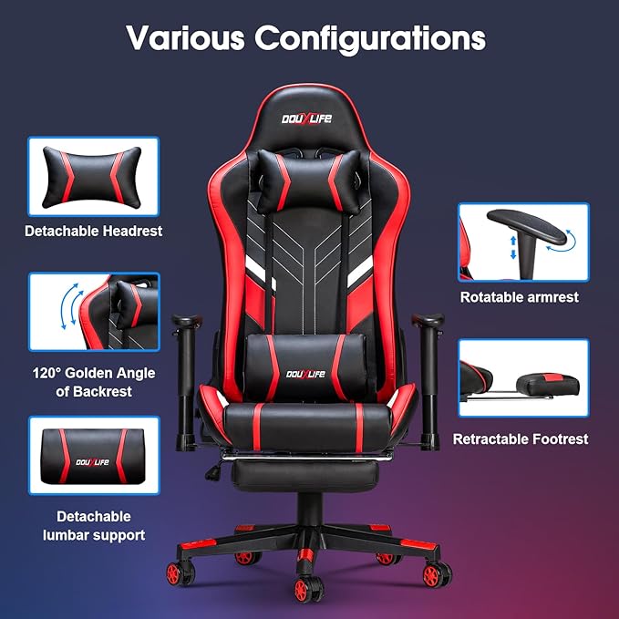 Massage Gaming Chair 7-Point, Office Chair with Footrest and Lumbar Support, Adjustable Seat Height Ergonomic, 175° Reclining Max, Red