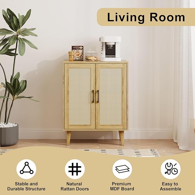 Rattan Decorated Buffet Cabinet - 2 Doors Simple Style Storage Cabinet, Shoe Cabinet with Adjustable Shelves, Sideboard for Kitchen, Living Room, Hallway, Entryway (Natural Wood)