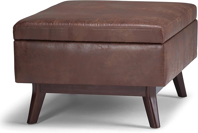 SIMPLIHOME Owen 34 inch Wide Mid Century Modern Rectangle Coffee Table Storage Ottoman in Distressed Saddle Brown Vegan Faux Leather, Assembled, For the Living Room, Entryway and Family Room