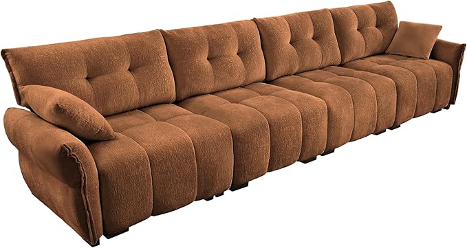 Modern Chenille Fabric 4-Seat Sofa w/ 2 Pillows, Premium Upholstery Living Room Couch with Tufted Backrest & Comfortable Armrests and High-Resilience Memory Foam Cushions,Orange