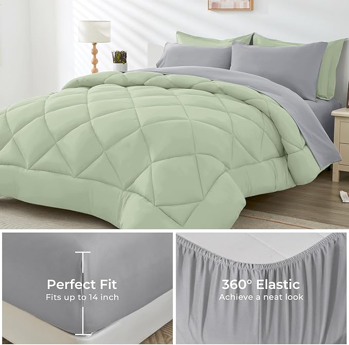 HEVUMYI Queen Comforter Set - 7-Piece All Season Bed in a Bag Queen, Ultra Soft Bedding Set with Comforter, Flat Sheet, Fitted Sheet, Pillowcases, Pillow Shams, Sage Green & Light Grey