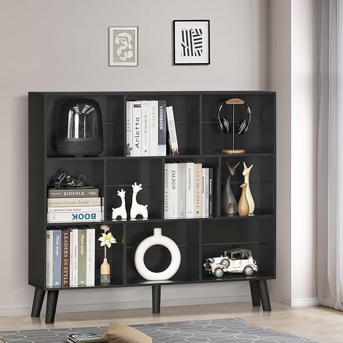 YAHARBO 10 Cube Bookshelf,3 Tier Bookcase with Legs,Black Mid-Century Modern Bookshelves,Large Free Standing Open Storage Organizer Shelf,Tall Wooden Book Case Furniture for Bedroom,Living Room,Office