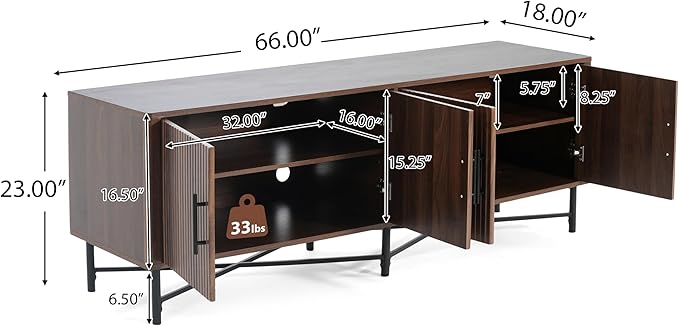 Christopher Knight Home Saral Modern 66 Inch TV Stand for TV up to 70 inch, TV Entertainment Center with Storage Adjustable Shelf, Wooden TV Console Table with Storage for Living Room, Chestnut Brown