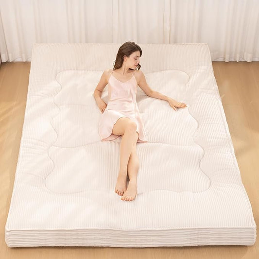 Japanese Floor Mattress, 4" Thicken Futon Mattress Queen Size Sleeping Pad, Corduroy Foldable Floor Pad, Roll Up Tatami Mat for Adults Guest Room Bedroom, Beige