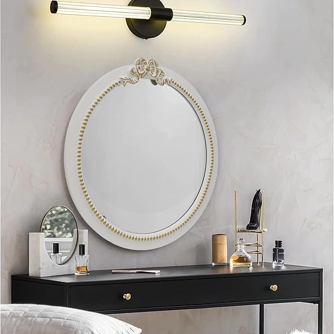 Vintage Round Wall Mirror 28inch Farmhouse Wooden Vanity Mirror for Wall Decor, Decorative Antique White Bathroom Mirrors, Traditional Art Home Decor for Dressing Table, Living Room or Bedroom