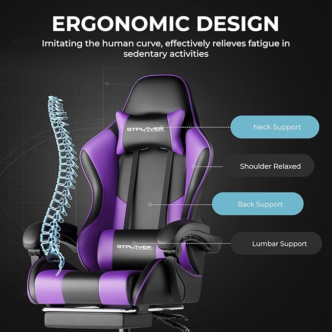 GTPLAYER Gaming Chair, Computer Chair with Footrest and Lumbar Support, Height Adjustable Game Chair with 360°-Swivel Seat and Headrest and for Office or Gaming (Faux Leather, Purple)