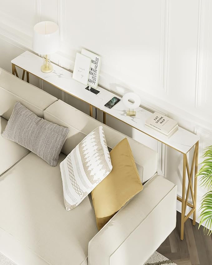 Masupu 70.9" Console Table with Power Outlet, Modern Narrow Long Sofa Table Behind Couch, Skinny Entry Table, Industrial Sofa Table with Metal Frame for Hallway, Living Room, Marble White