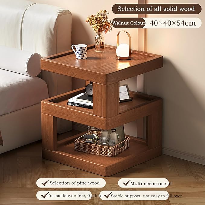 Solid Wood Nightstand,End Tables Bedroom Small Shelf Modern Nightstand Wood Side Table (Walnut Brown-21.3 * 15.8 * 15.8)