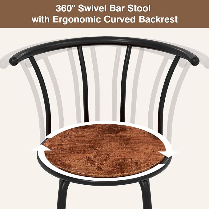VECELO Bar Stools Set of 4, Swivel Counter Barstools with Backrest, Bar Height Chairs for Dining Room, Kitchen Island, Pub, Easy Assembly, Brown
