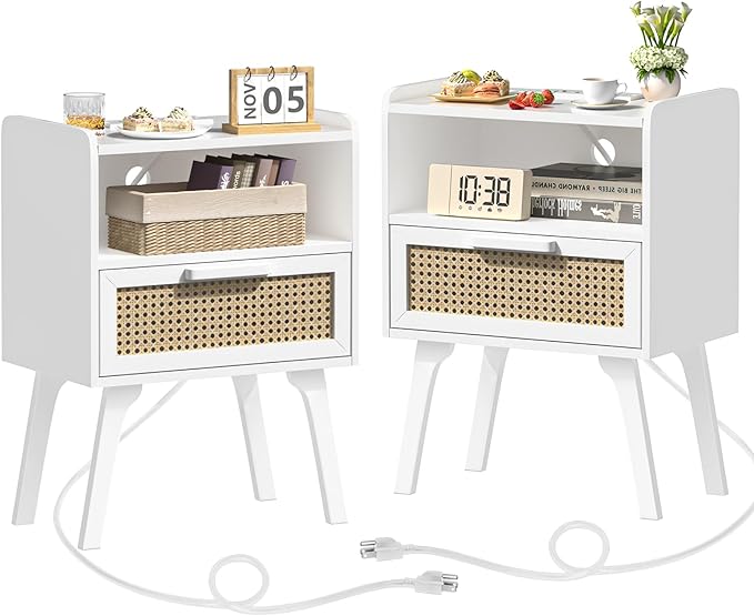Lerliuo Rattan Nightstands Set of 2 with Charging Station, White Bedside Table with Drawer Open Shelf, Cane Accent Side End Table with Solid Wood Legs, Night Stand for Bedroom, Dorm and Small Spaces