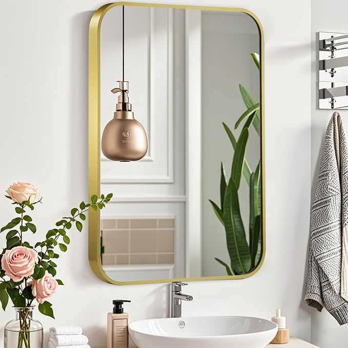 20x28 Inch Gold Mirror, Framed Rectangle Mirror with Rounded Corner, Brushed Brass Mirror, Gold Bathroom Mirror for Over Sink, Vanity, Living Room, Bedroom, Horizontal/Vertical