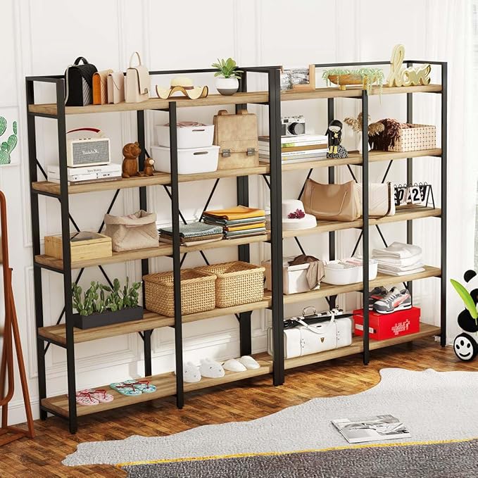 FATORRI Bookshelf, 5 Tier Industrial, Tall Etagere Bookcase, Rustic Wood and Metal Book Shelf with Large Open Shelving Unit for Home Office Living Room (Rustic Oak, 51 Inch Wide)