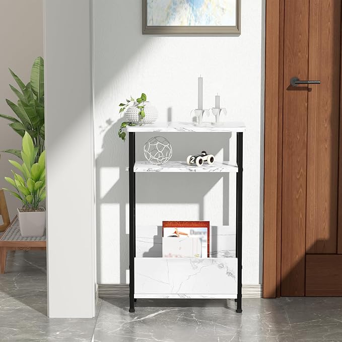 7.1" Narrow Side Table for Small Spaces, 3 Tier Small End Table with Magazine Holder, Slim/Skinny Nightstand/Bedside Table for Living Room, Bedroom, 15.4" L x 24.2" H, Faux White Marble
