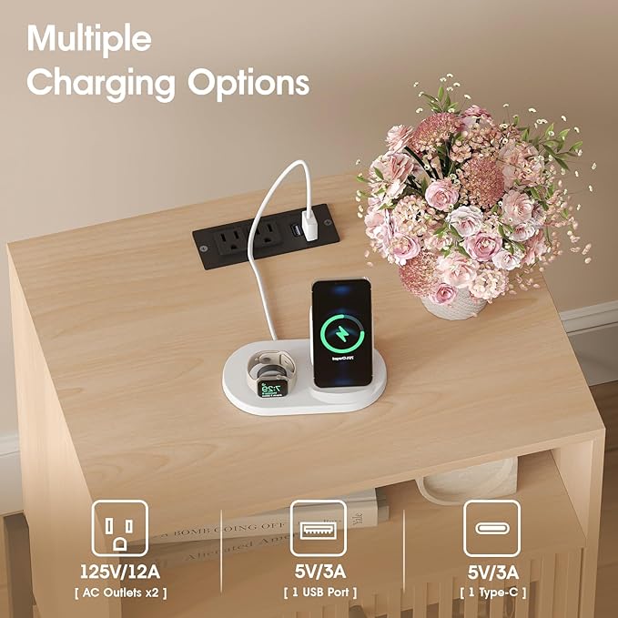 Vabches Nightstand with Charging Station and USB Ports,Industrial Style Fluted End Table, Bedside Table with 2 Drawers and Open Shelf, Sofa Side Table for Bedroom, Living Room, Set of 1
