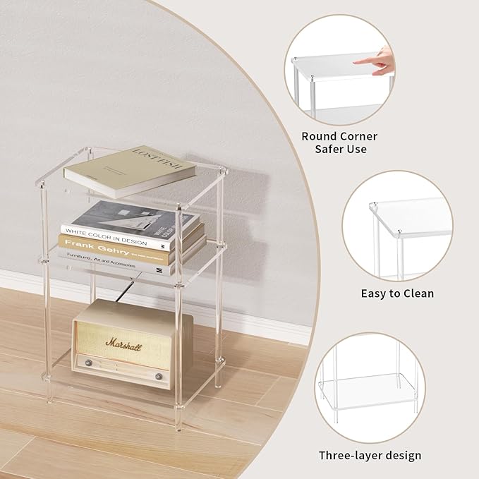 Acrylic Side Tables with 3 Shelve,Bedside Table Clear Nightstand for Bedroom Modern End Table for Living Room, Sofa Table, Side Table 15.7" L x11.8 Wx 23.6" H