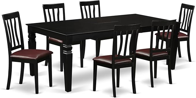 East West Furniture LGAN7-BLK-LC 7 Piece Kitchen Table Set Consist of a Rectangle Dining Table with Butterfly Leaf and 6 Faux Leather Dining Room Chairs, 42x84 Inch, Black