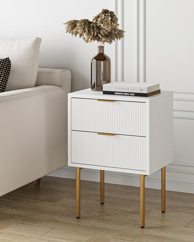 Masupu Nightstand,Mid-Century Modern Bedside Table with 2 Storage Drawer,Small Gold Frame Side End Table for Bedroom,Living Room, White