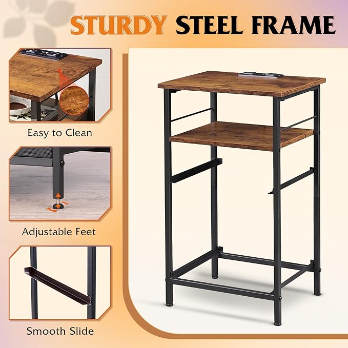 WLIVE Nightstands Set of 2, Night Stand Set 2 with Charging Station, Bedside Tables for Bedroom, Side Table with 2 Fabric Drawers, Small Dresser, USB Ports and Outlets, Black and Rustic Brown