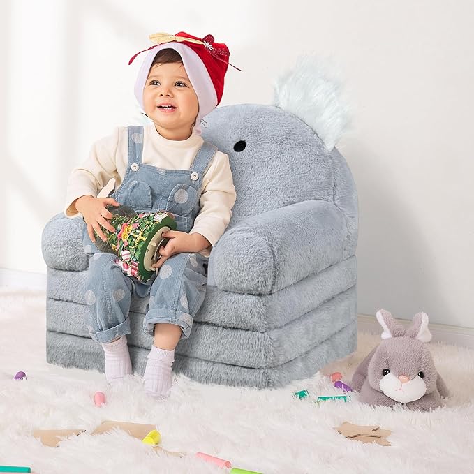 Toddler Chair with Faux Rabbit Fur – 2-in-1 Foldable Kids Couch, Koalas Design, Soft Sofa for Reading, Napping, Bedroom or Playroom Use, 18 Months+ （Koalas）