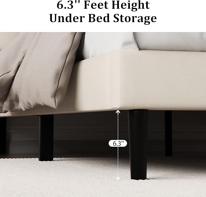 Full Size Platform Bed Frame with Upholstered Velvet Button Tufted Headboard, Mattress Foundation with Wooden Slat Support, No Box Spring Needed, Easy Assembly, Noise Free, Beige