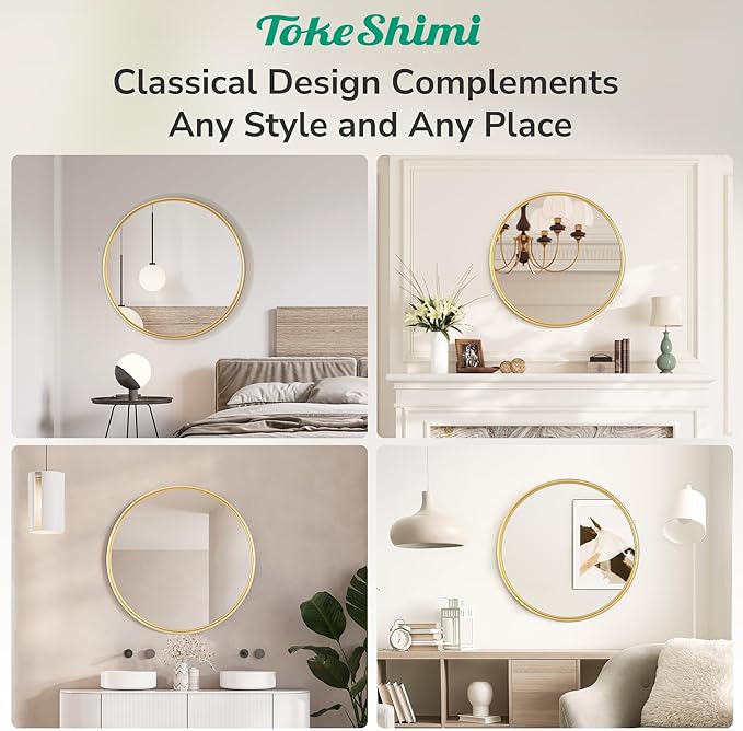 TokeShimi 30 in Round Framed Brushed Gold Mirror Bathroom Tempered, Shatterproof Mirror Circle 30x30 Farmhouse Aluminum Large Wall Mirrored for Vanity, Entryway, Bedroom, Restroom, Living Room