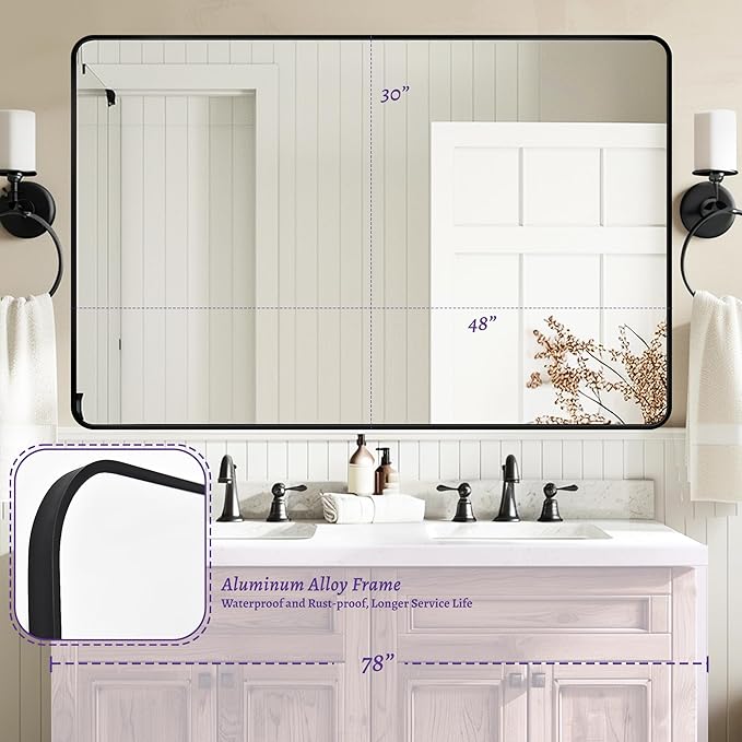Bathroom Mirror, 48" x 30" Wall Mirror, Rectangular Aluminum Alloy Frame Contemporary Hanging Mirror for Living Room Bathroom Entryway, Black Rounded Corner