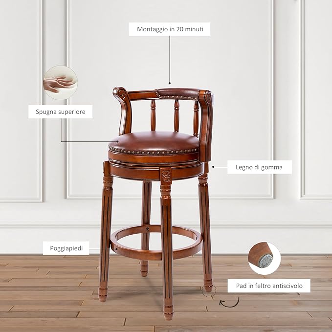 Cow top Leather Wooden Bar Stools, 360 Degree Swivel Bar Height Chair with Backs for Home Kitchen Counter, Morden Chair Barstools (Brown 1pc, Bar Height-Seat Height 29.5”)
