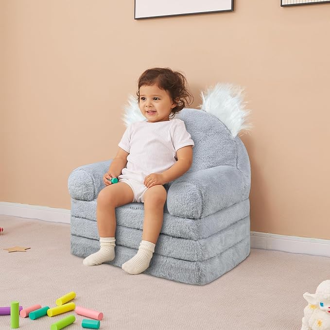 Toddler Chair with Faux Rabbit Fur – 2-in-1 Foldable Kids Couch, Koalas Design, Soft Sofa for Reading, Napping, Bedroom or Playroom Use, 18 Months+ （Koalas）
