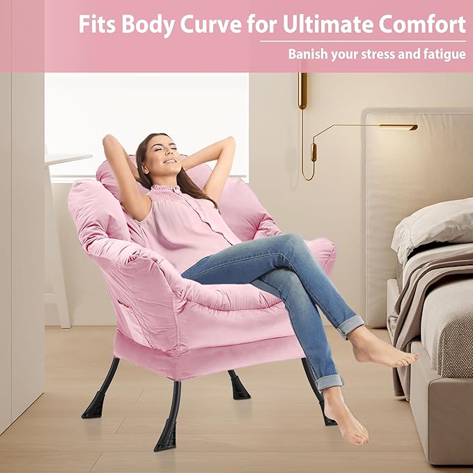 Lazy Chair Thick Padded, Comfy Velvet Accent Lounge Chair with Stable Frame, Leisure Sofa Armchair with Armrests and Side Pocket, Reading Chair for Bedroom, Living Room, Office, Pink