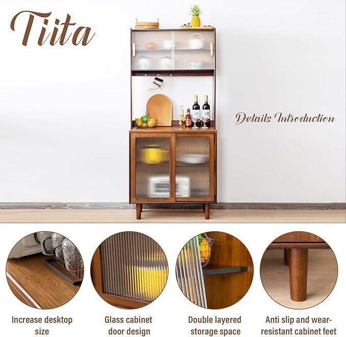 Tiita Kitchen Hutch with Countertop, 69” Rattan Solid Wood Pantry Cabinet with Hutch, Boho Bamboo Sideboard Buffet Cabinet, Boho Entryway Table for Living Room, Home Bar, Hallway, Walnut