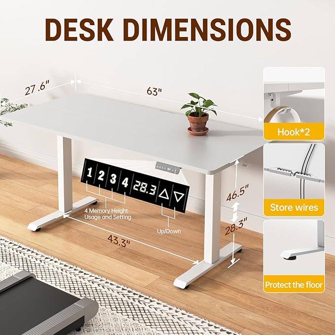 Veken 63x27.6 Inch Large Electric Standing Desk, 4 Memory Heights Adjustable,Sit to Stand Up, Work Home Office Computer Table for Walking Pad, Gifts for Dad, Wooden Desktop Desks, White